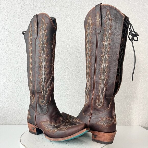 Lane LEXINGTON Knee High Womens Cowboy Boots 7.5 Brown Western Cowgirl Lace Up - Picture 1 of 11